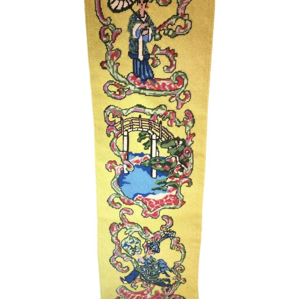 Vintage MCM Mid Century Modern Asian Inspired Needlepoint Wall Tapestry Hanging